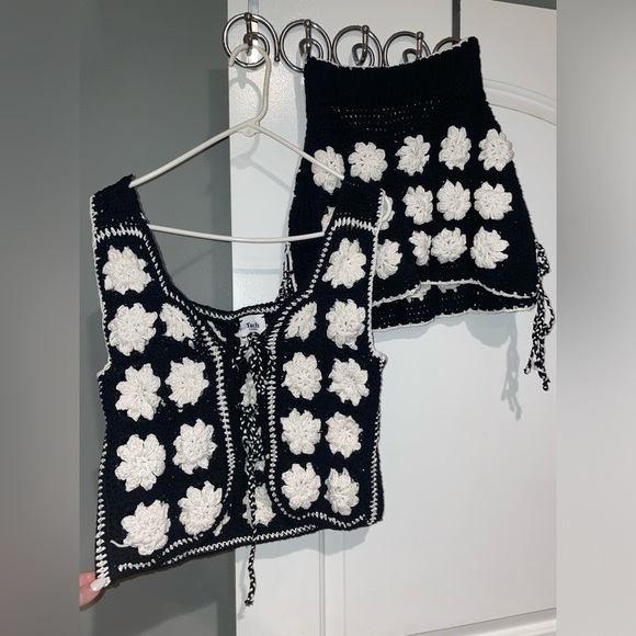 New!Tach Cassia Nazarene Black & White Granny Square Crochet Vest & Skirt Set🖤XS - Picture 10 of 16